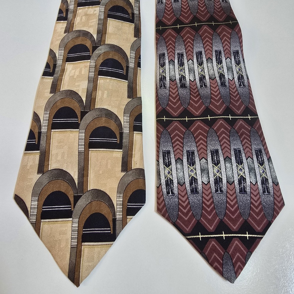 Lot x2 CONTE DI MILANO Men's Neck Tie Art Deco Geometric Gold 100% Silk Imported